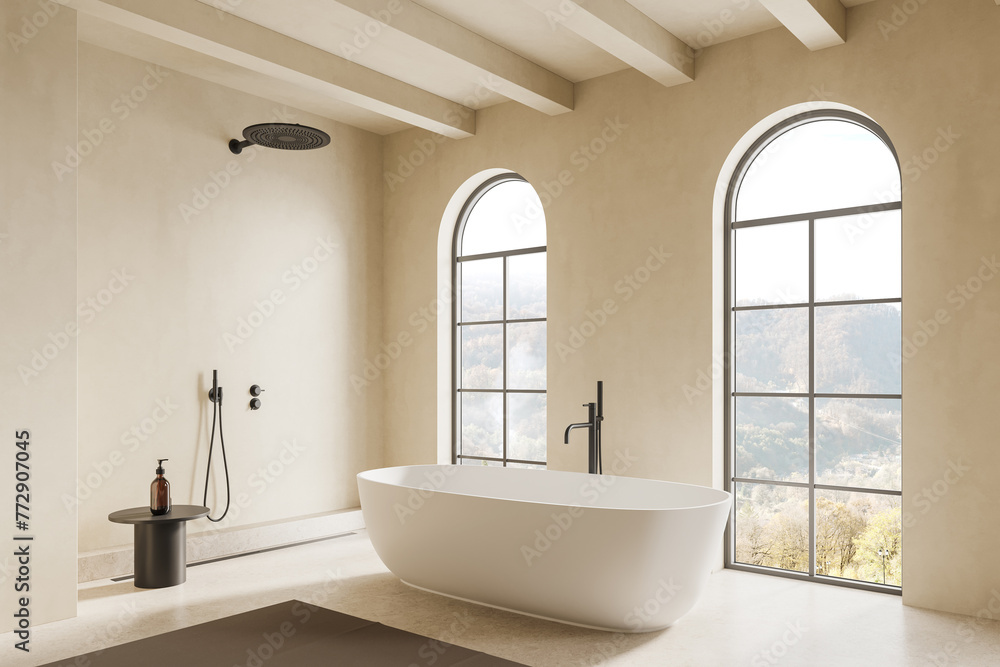 Beige hotel bathroom interior with tub, douche and panoramic window - obrazy, fototapety, plakaty 