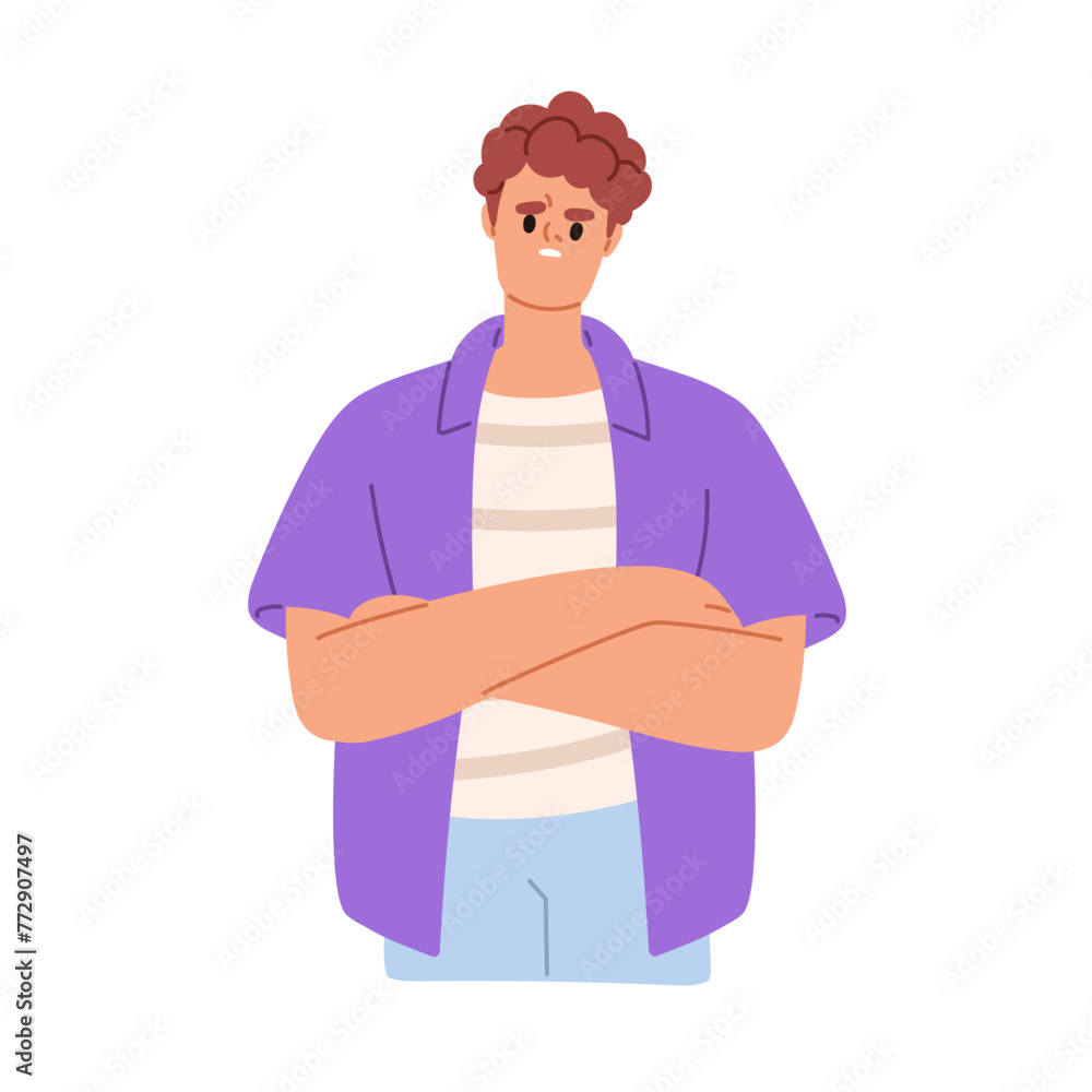 Obraz premium Disappointed confused doubting man. Irritated frustrated character, suspicious skeptical face expression, distrust. Sceptic doubtful emotion. Flat vector illustration isolated on white background