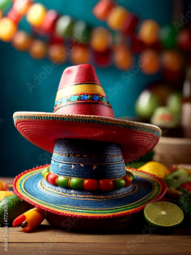 Cinco de mayo maxican hat and cactus watercolor background photo