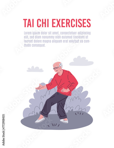 Vector flyer with an image of an elderly man in the Tai Chi pose.