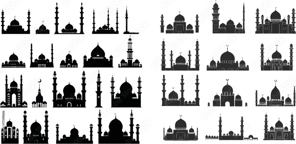 Mosque roof, islamic cityscape panorama and minaret skyline silhouettes