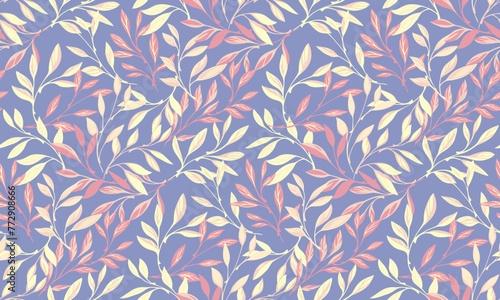 Colored floral leaf branches intertwined in a seamless pattern. Abstract, artistic forest leaves stems on a violet background. Nature botanical patterned. Vector hand drawn. Template for designs
