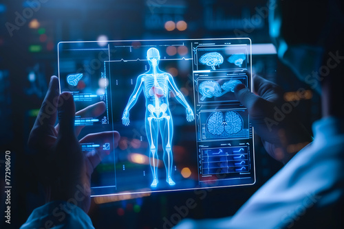 A doctor carefully examines a virtual x-ray projection with focused attention. The integration of advanced technology in medical diagnostics. Generative AI.