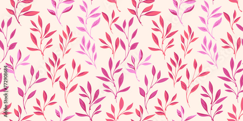 Pink tiny tropical leaves stems seamless pattern. Abstract, artistic leaf branches printing. Nature simple botanical patterned. Vector hand drawn. Template for designs, collage