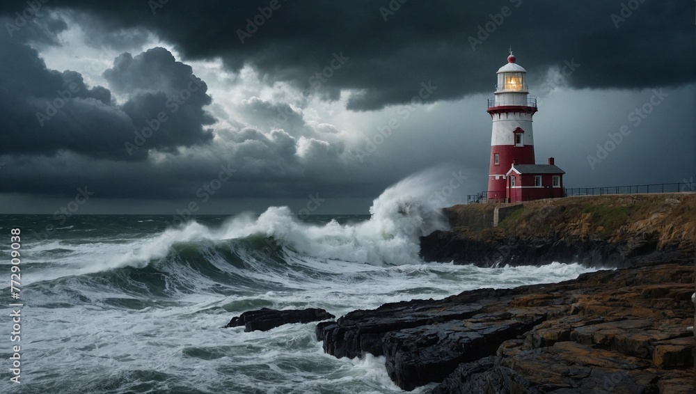 Moody seascape with a lighthouse standing tall. Strong waves crash against the rocky coastline Moody seascape with a lighthouse standing tall. Strong waves crash against the rocky coastline