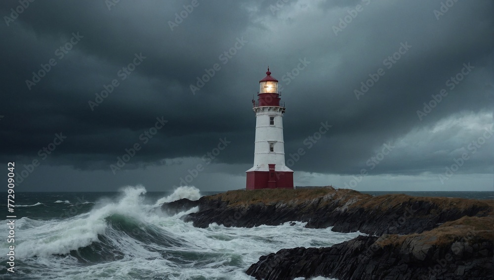 Moody seascape with a lighthouse standing tall. Strong waves crash against the rocky coastline