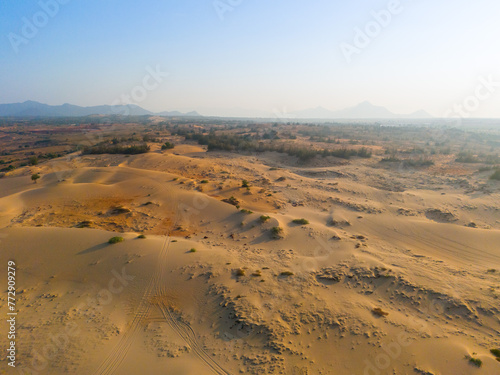 Aerial view of Nam Cuong sand dunes, Ninh Thuan province, Vietnam. It is one of the most beautiful places in Vietnam photo