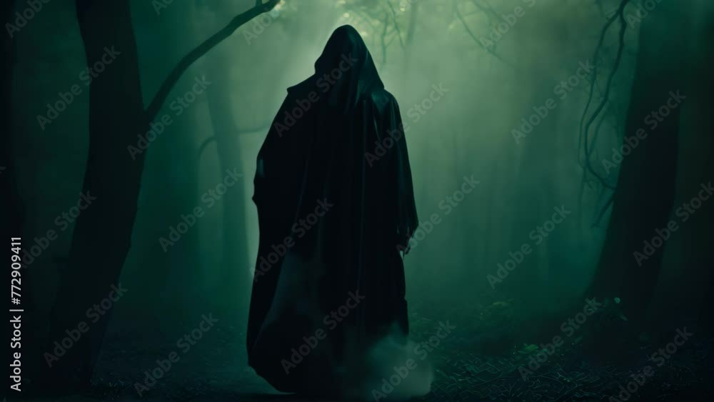 A lone figure stands in the darkness of a dense forest, creating an air of mystery and intrigue, Hooded figure in the dark forest, AI Generated A lone figure stands in the darkness of a dense forest, creating an air of mystery and intrigue, Hooded figure in the dark forest, AI Generated