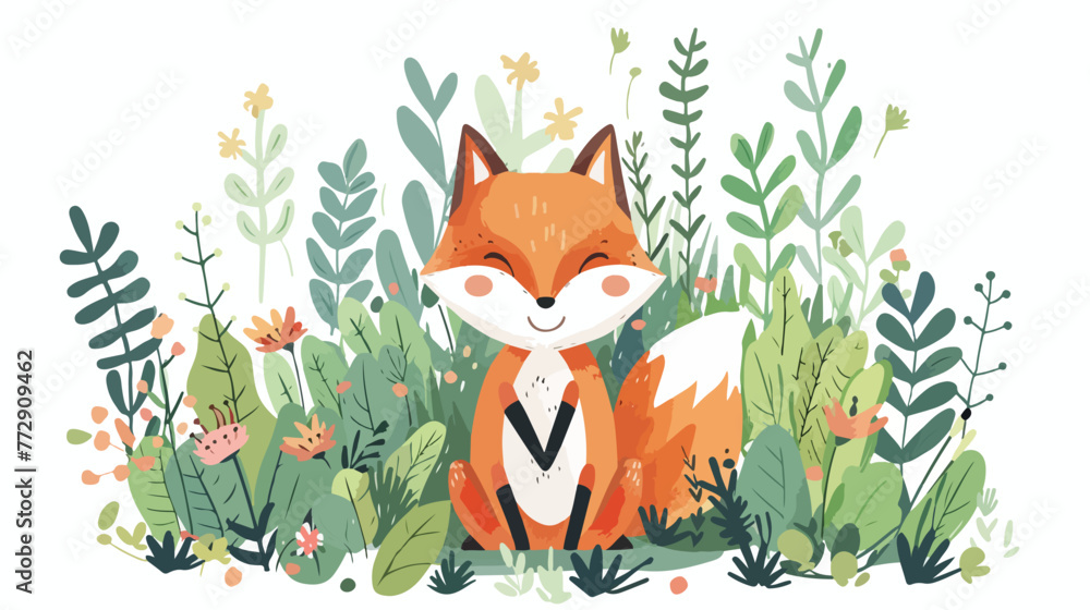 Happy fox garden Flat vector isolated on white background
