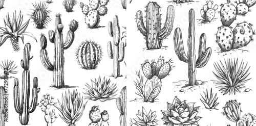 Sketch cartoon succulent agave, saguaro and prickly leaved pear with photo