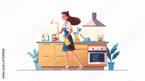Happy woman cleaning. Young girl makes housework. 