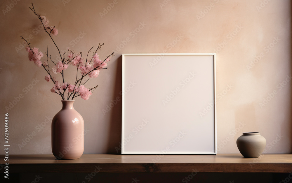Fototapeta premium a white frame next to a vase with pink flowers