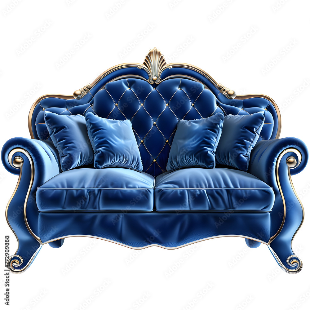 Fototapeta premium Luxury blue comfort sofa isolated on transparent background. Ai generated