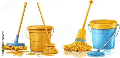 Floor cleaning equipment. Sponge broom and pail. House cleanup tools and wet floor vector concept