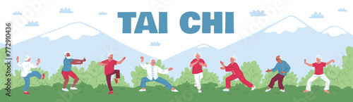 Mature people doing Tai Chi exercises on mountains landscape, Chinese gymnastic, elderly qigong practice vector banner