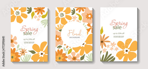 Set of spring or summer banners with flowers  leaves. Editable vector template for greeting card  poster  banner  invitation  social media post. Summer sale. Spring sale