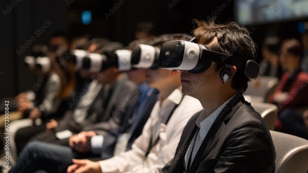 Group of People Sitting in Room With Virtual Headsets Group of People Sitting in Room With Virtual Headsets