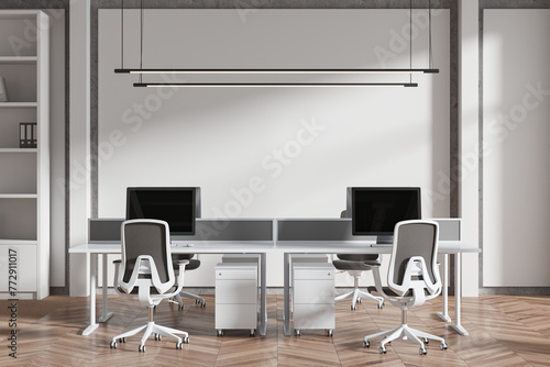 Modern business interior with coworking space and shelf with decoration © ImageFlow