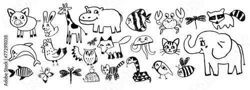 Vector line art illustration set of child drawings of cute animals