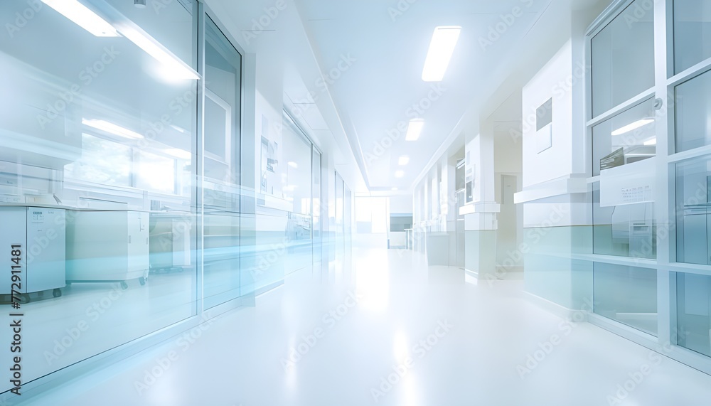 A hospital hallway with blue walls and white floors