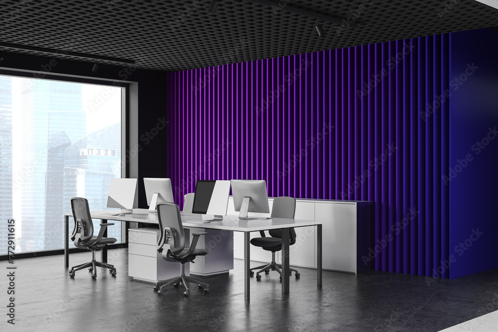 Fototapeta premium Purple office coworking interior with table and pc monitors, drawer and window