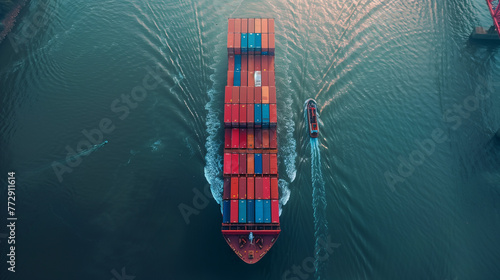 Barco carguero de trasporte de contenedores navegando por un rio  photo