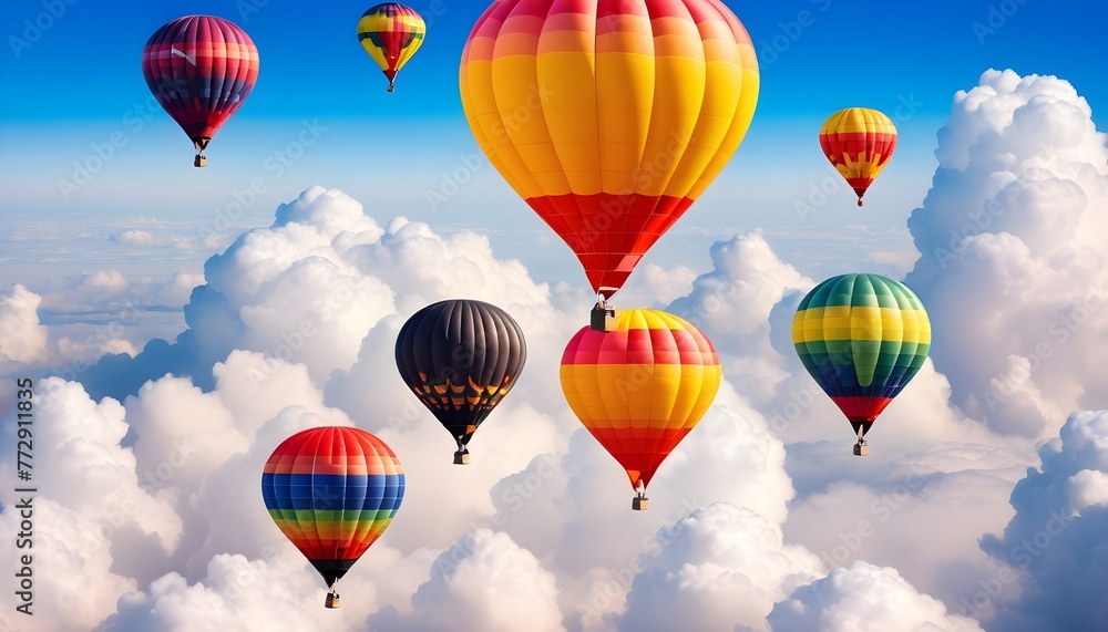 Fototapeta premium Colorful air balloons flying in the sky over clouds landscape