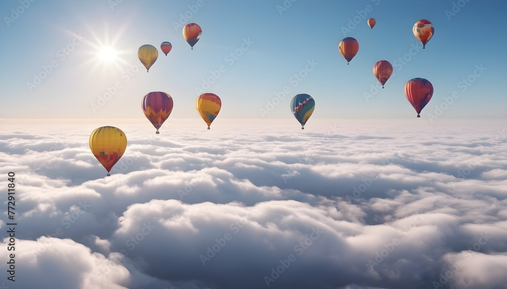 Obraz premium Colorful air balloons flying in the sky over clouds landscape