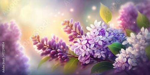 Lilac Flowers with green leaves on bokeh background.  Beautiful floral background for decoration, banner and greeting card for Birthday, Mother's Day, Women's Day, Wedding