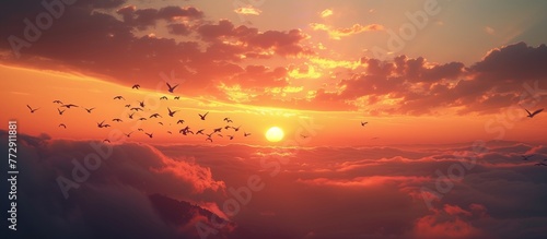 Mountain landscape at the bright sun rose and there were flocks of birds flying in the sky, Ai generate