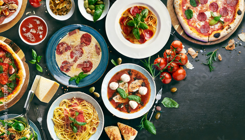 table of italian meals on plates Pizza, pasta, ravioli, carpaccio