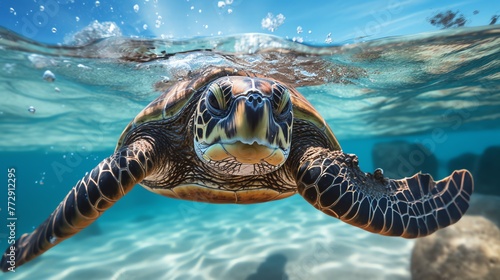 a turtle swimming in the water photo