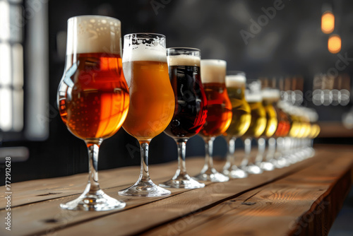 A row of beer glasses lined up neatly on top of a wooden table. The glasses are filled with various types of beer, showcasing a selection of high-quality brews for customers to enjoy