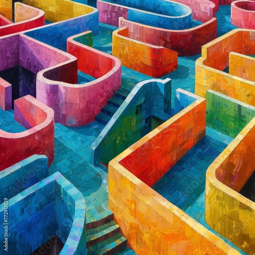Abstract Colorful Painting of Cityscape, Stairs, Maze, Buildings, AI generated