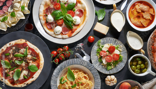 Full table of italian meals on plates Pizza, pasta, ravioli, carpaccio