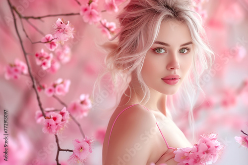 beautiful woman On spring pink nature background. © Bonya Sharp Claw