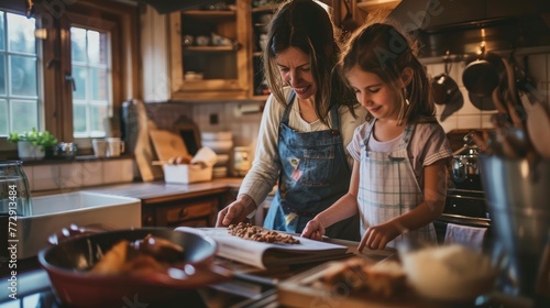  Mother and Daughter Baking Together with a Family Recipe Book photo