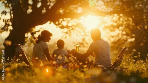 Family Enjoying a Radiant Sunset Picnic in the Countryside