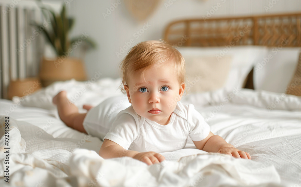 Childcare Concept. Portrait of cute little caucasian baby boy wearing bodysuit lying on white bedsheets at home. infant child crawling on bed in the bedroom. Baby care, clothing, products Childcare Concept. Portrait of cute little caucasian baby boy wearing bodysuit lying on white bedsheets at home. infant child crawling on bed in the bedroom. Baby care, clothing, products
