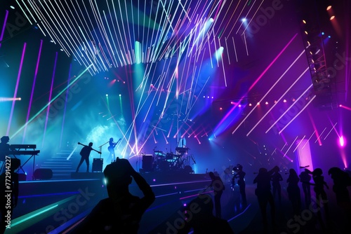 A digital concert venue where virtual musicians perform in front of digital crowds, with immersive visuals, synchronized light shows, and interactive experiences, Generative AI