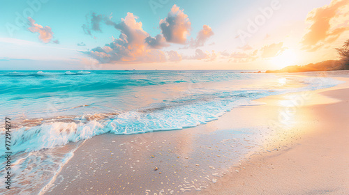 beautiful sandy beach and sea with turquoise water, clear blue sky and golden sand background. amazing beach and ocean landscape. Thailand Maldives. Summer vacation and travel background postcard view photo