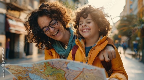 Cheerful Mother and Son Enjoying a Sunny Day Out with a Map