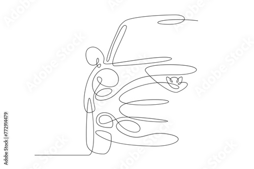 One continuous line.Passenger car. Part of the body of a modern car. Details of the design of private transport. One continuous line is drawn on a white background.