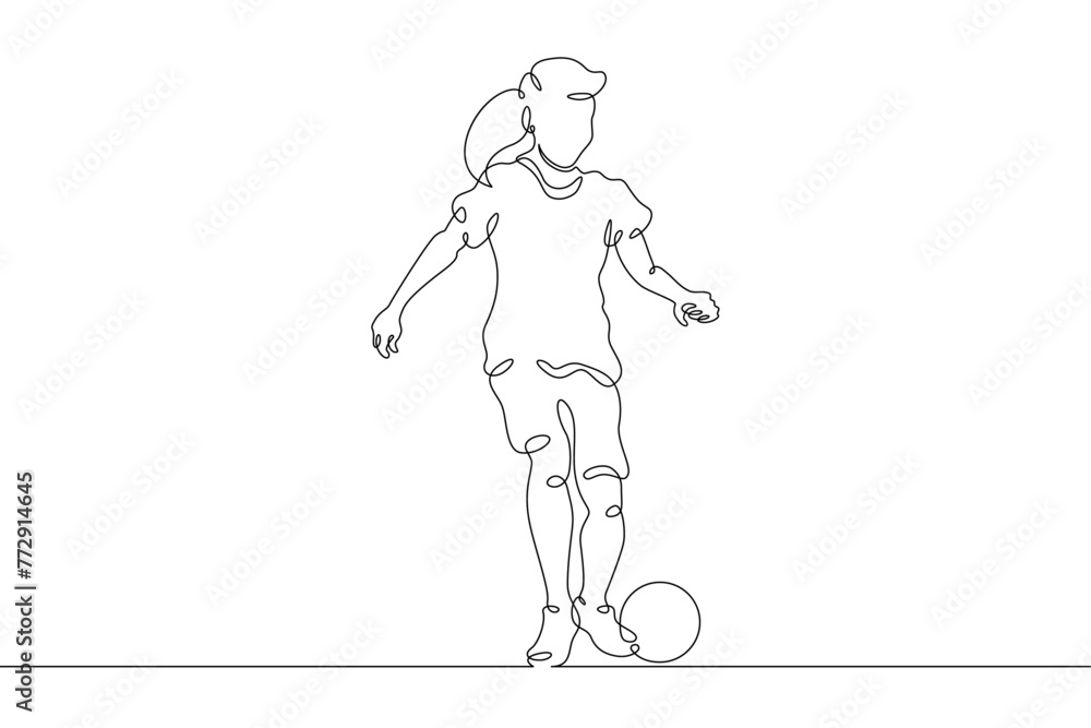 One continuous line.Kids games.Little girl is playing ball. The child runs with the ball. Kid in play. One continuous line drawn isolated, white background.
