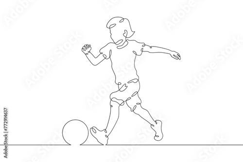 One continuous line.Kids games.Little girl is playing ball. The child runs with the ball. Kid in play. One continuous line drawn isolated, white background.