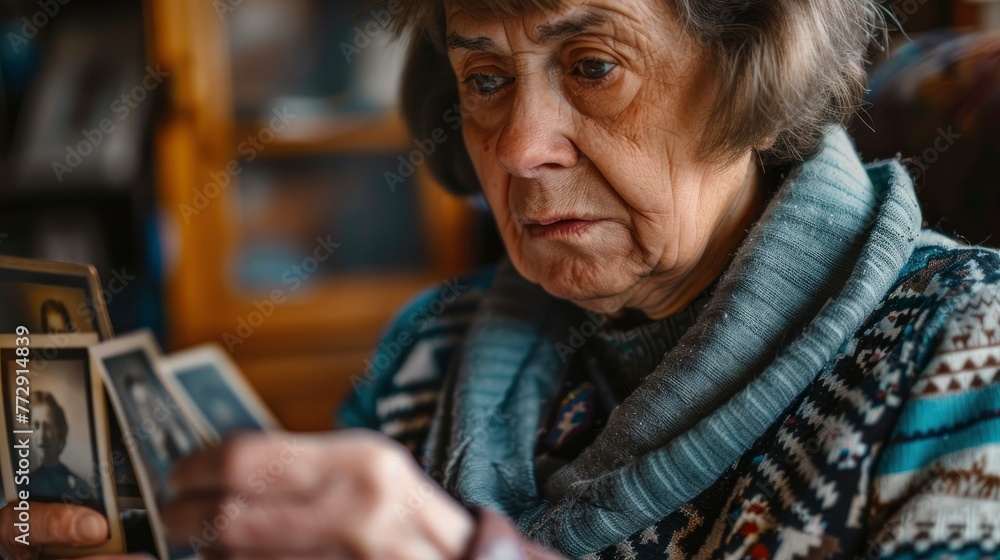 Elderly Woman Reflecting on Memories with Old Photographs Elderly Woman Reflecting on Memories with Old Photographs