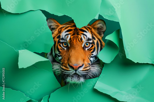 A tiger is looking out of a hole in a green wall. The tiger's eyes are open and it is curious about its surroundings. a tiger poking its head through a torn green paper, curiosity and exploration