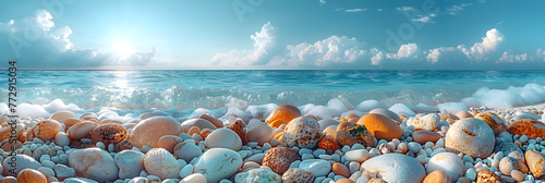 Clear Sky and White Sand Beach with Many Colorfu, Gemstones and Pearls on the Beach Sand Summer Background 