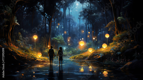 A couple takes a serene walk in an enchanted forest, with glowing lanterns lighting up the magical twilight ambiance around them. © Nichapat