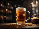 Chilled lager beer in a glass mug, studio lighting and bokeh background